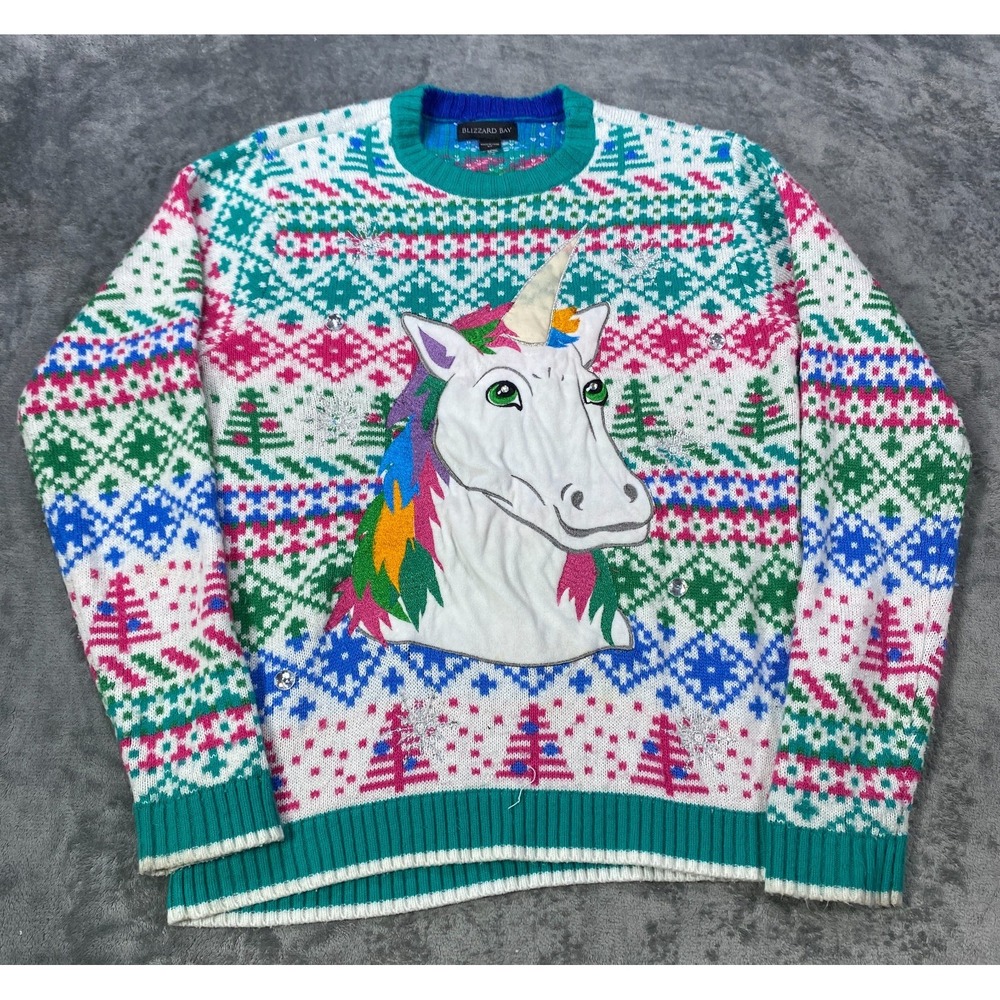 Blizzard Bay Ugly Christmas Sweater Medium 3D Rainbow Unicorn Christmas AOP